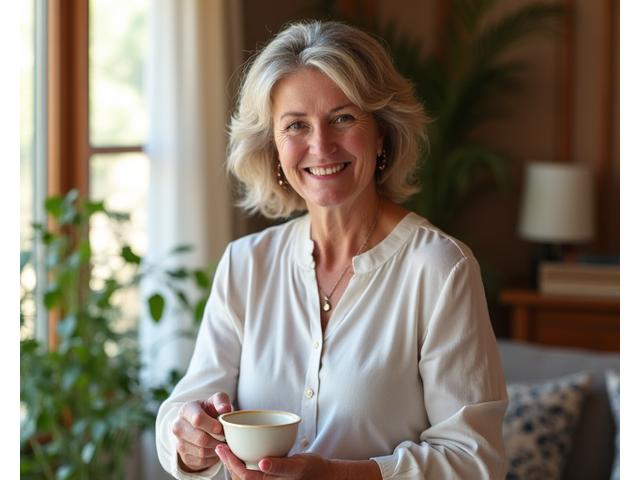 Founder of HearthGlow Wellness smiling warmly, holding a teacup in a serene, naturally lit wellness space