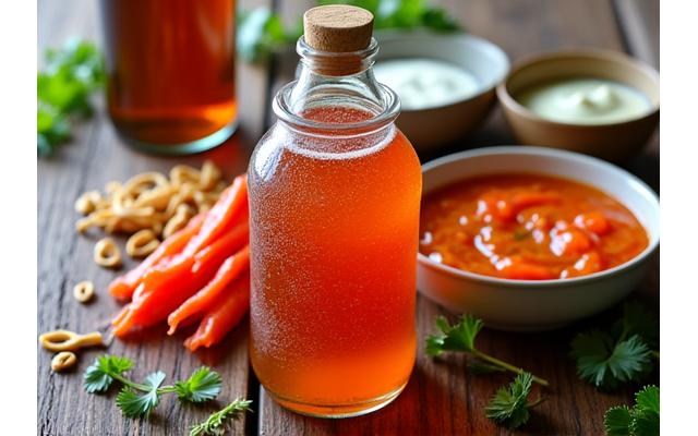 Close-up of vibrant, fermented foods like kimchi and kombucha, representing gut health.