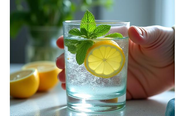 A refreshing glass of water with lemon and mint, beside a person taking a sip, highlighting hydration.