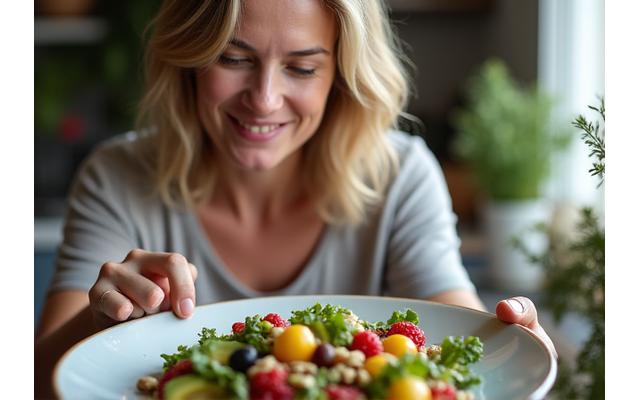 A person enjoying a healthy, colorful meal mindfully, focusing on each bite.