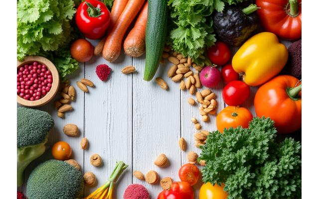 A vibrant assortment of fresh vegetables, fruits, nuts, and grains, showcasing a plant-based diet.