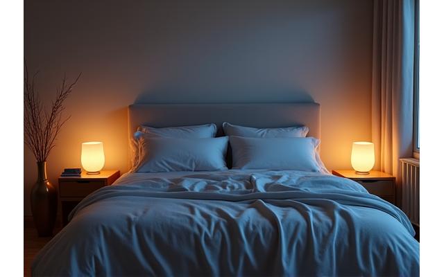 A cozy, dimly lit bedroom with soft bedding, emphasizing good sleep hygiene.