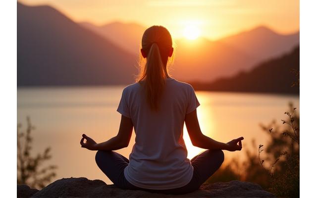 A serene person meditating outdoors at sunrise, symbolizing stress relief and calm.