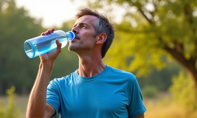 Man drinking water and stretching outdoors