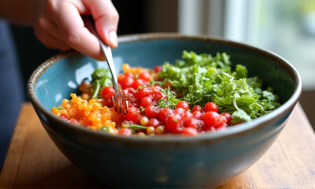 Bowl of fresh, healthy food on a wooden table