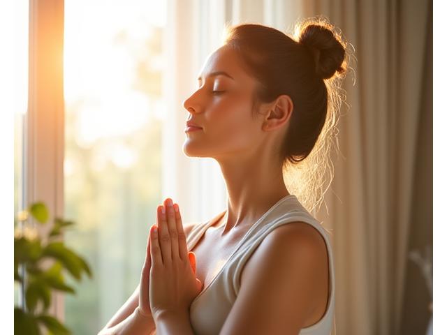 Woman practicing mindful stretching in a sunlit room