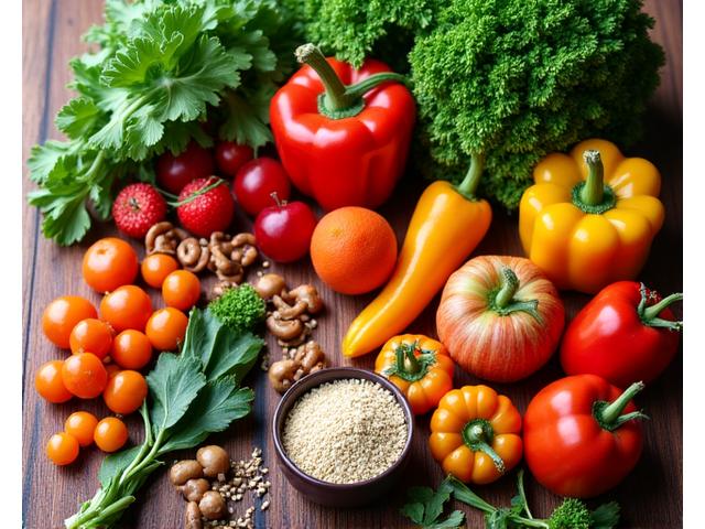Assortment of fresh, colorful vegetables and fruits on a wooden table