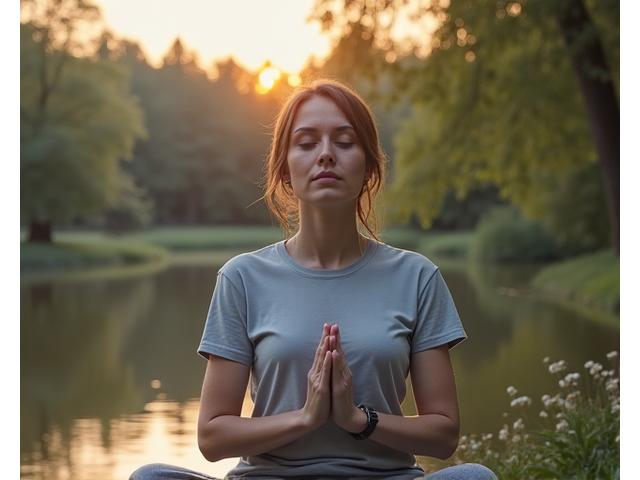 Person meditating in a serene outdoor setting, surrounded by nature